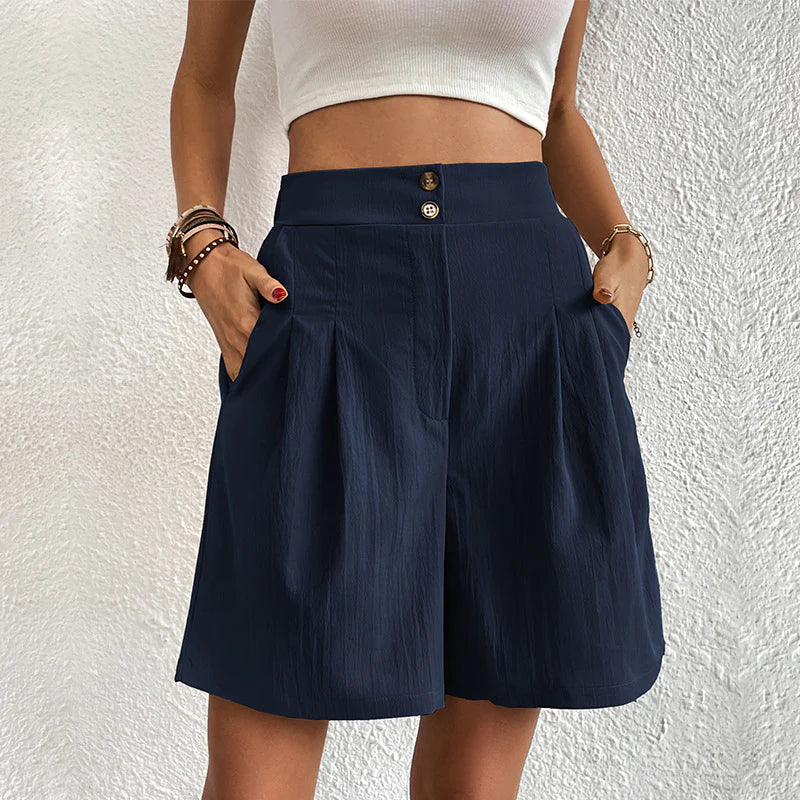 Evelin™ women's navy A-line shorts with button front and side pockets
