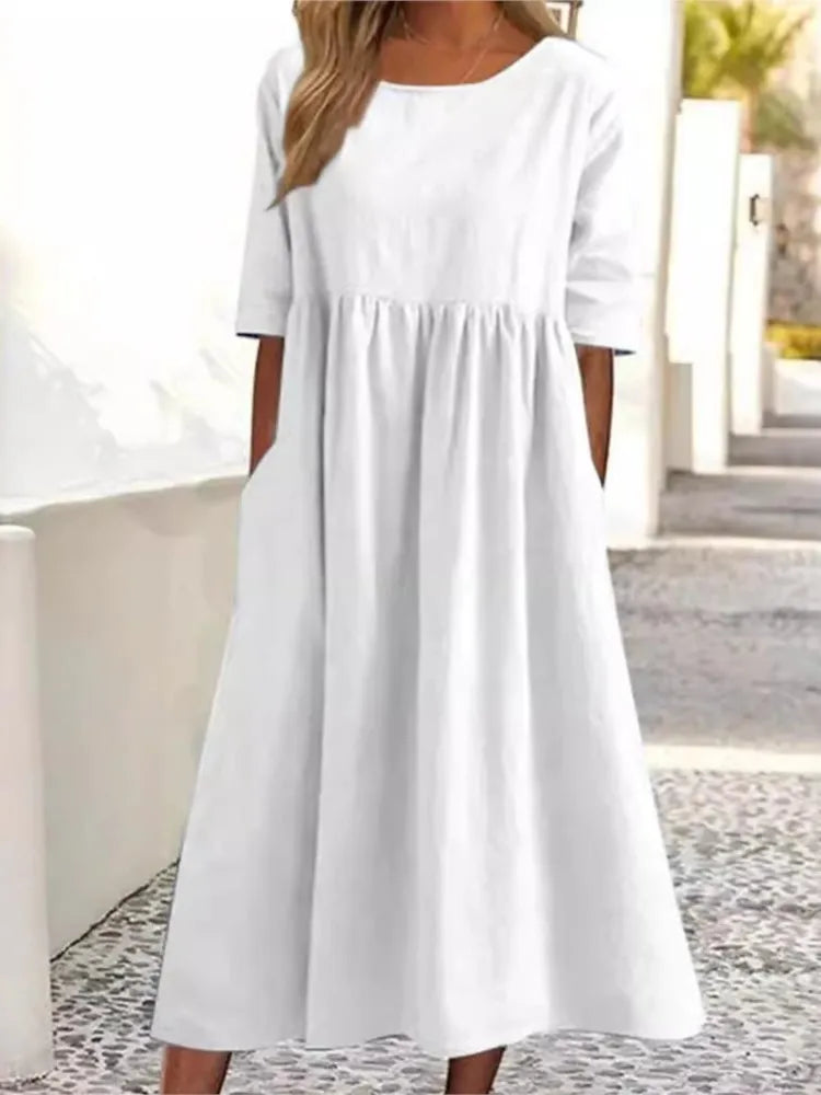 Norah™ summer dress in white, short sleeves, round neck, gathered waist, midi length