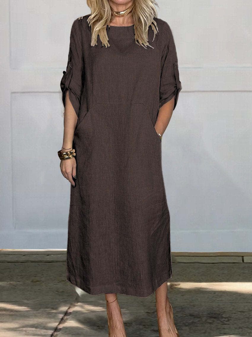 Merel™ summer dress in dark brown, loose fit with midi length and short sleeves