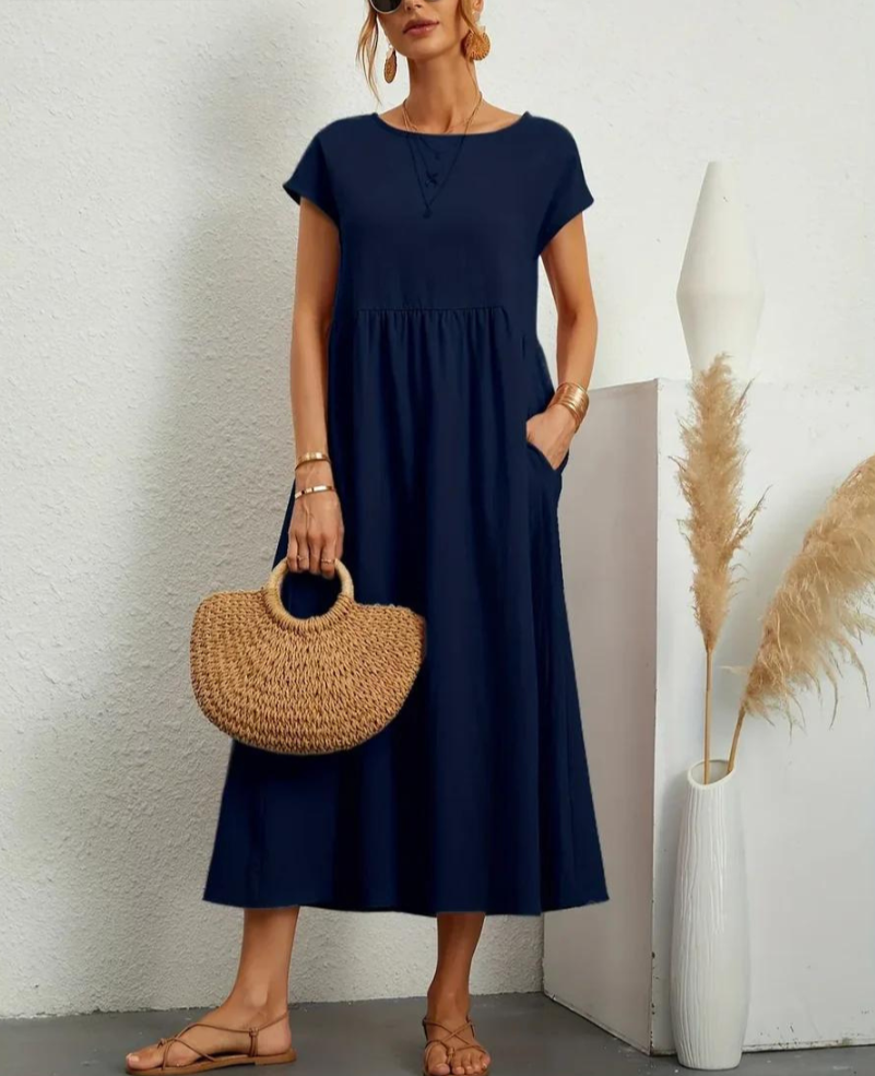 Ruby summer dress in navy blue, tiered midi with short sleeves and scoop neckline