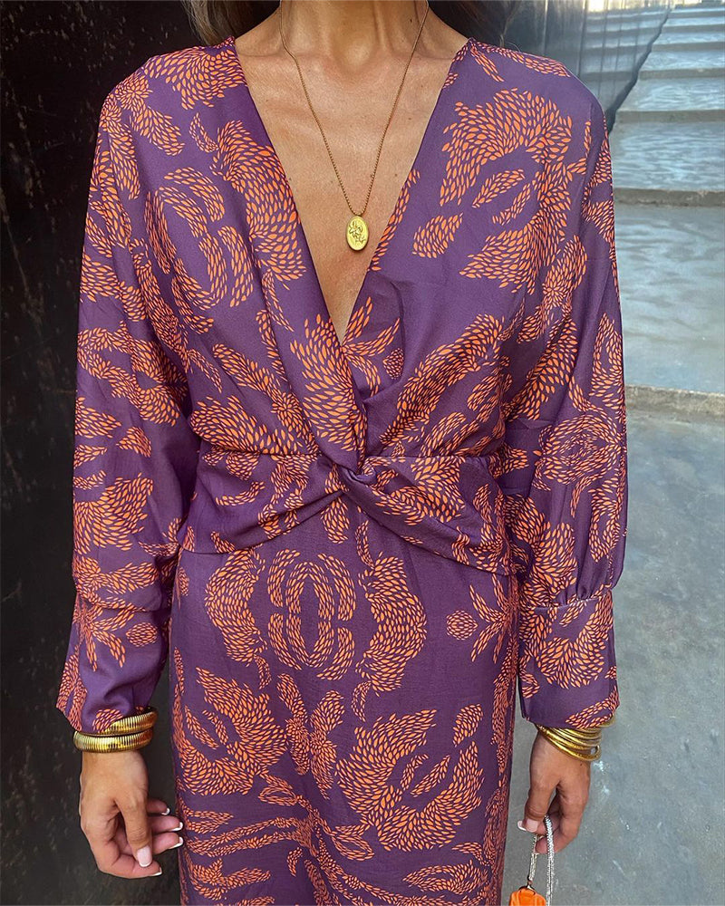 Gaby™ elegant summer dress, purple with orange pattern, V-neck, long sleeves, knotted waist