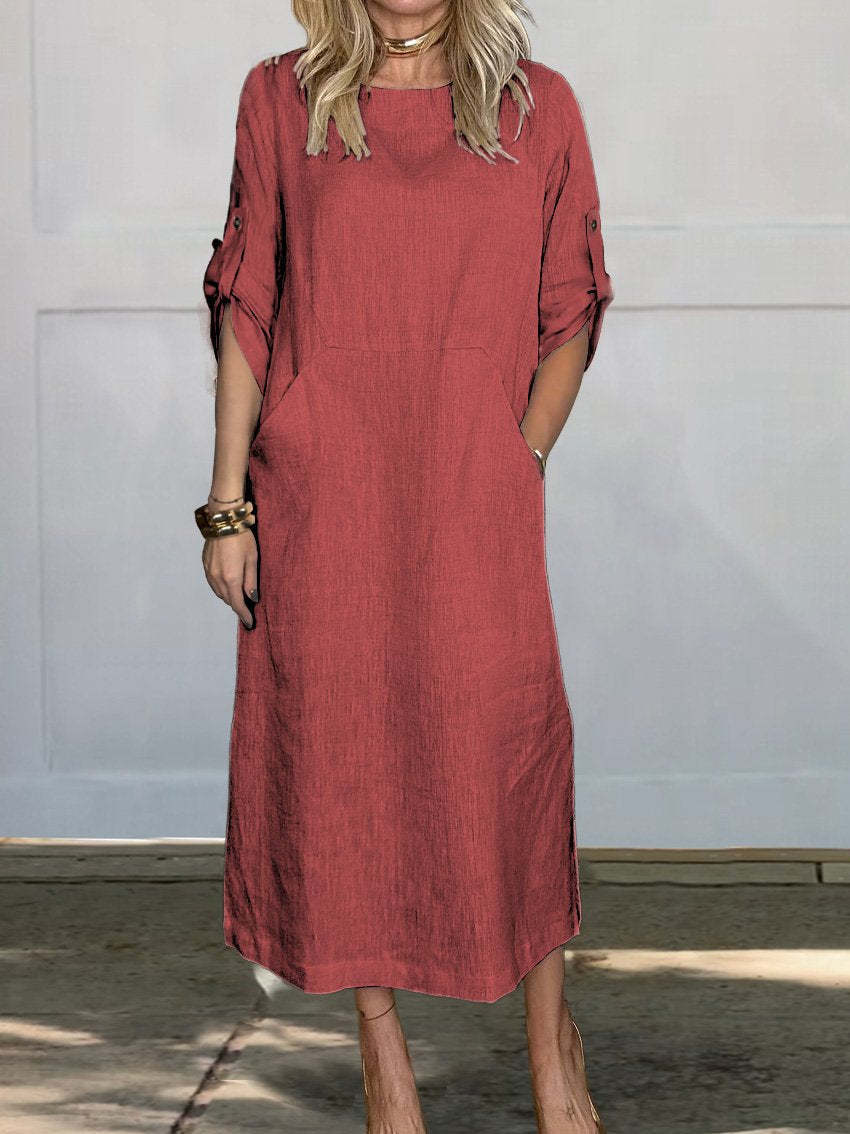 Merel™ summer dress in rust red, loose midi length with short sleeves and crew neckline