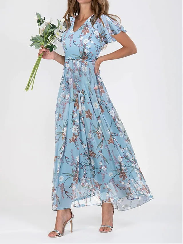 Light blue floral summer dress with short flutter sleeves and V-neck, flowing tiered skirt