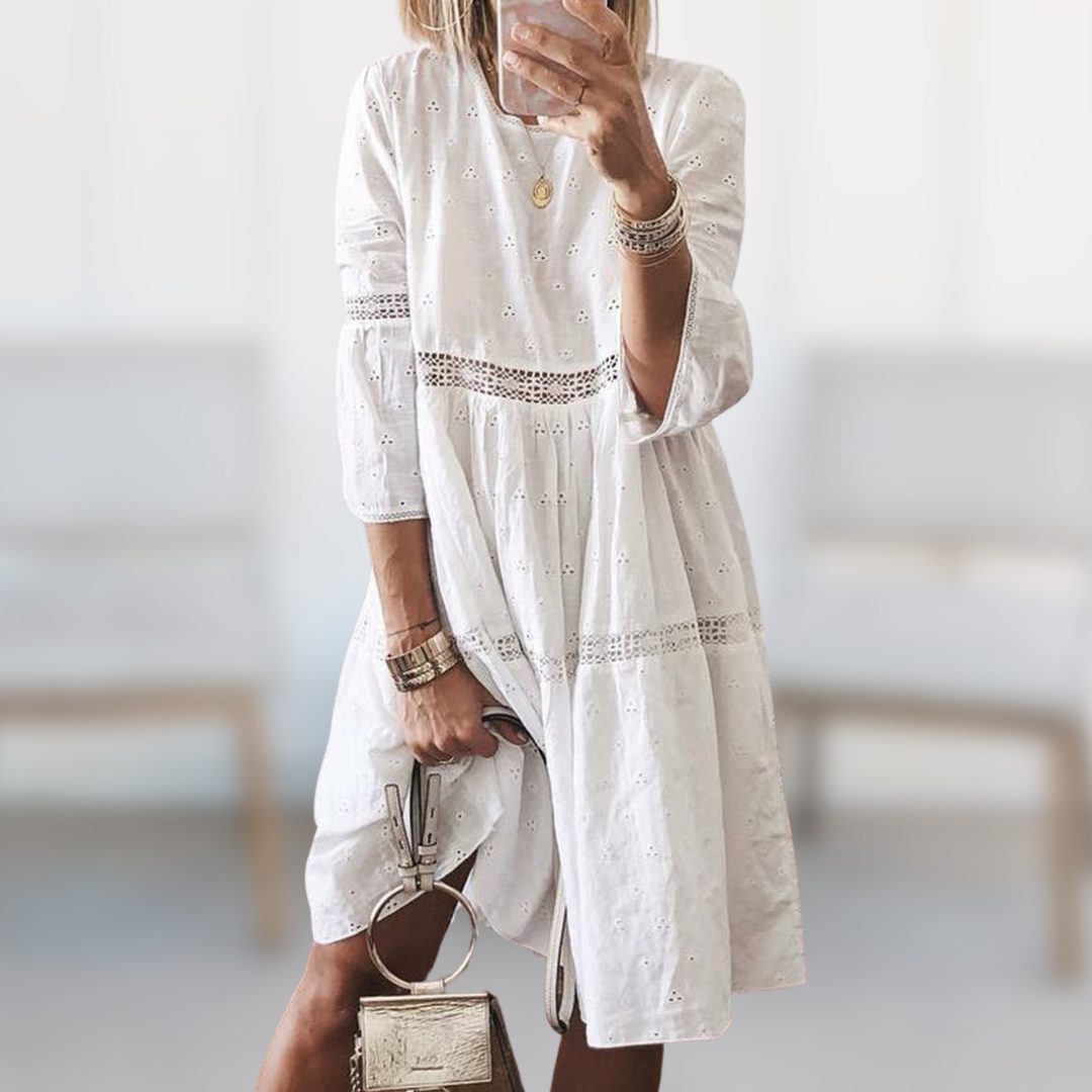 Anneke™ elegant white midi dress with three-quarter sleeves and lace-trim tiers