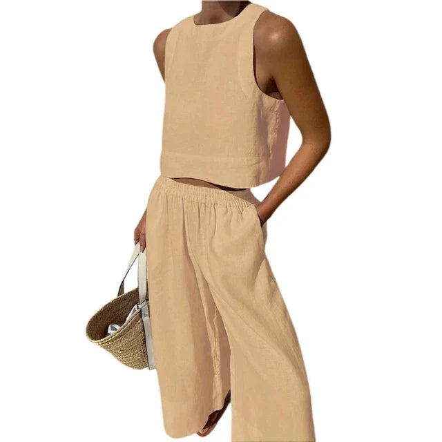 Two-piece sleeveless crop top and wide-leg pants set, light beige with elastic waist