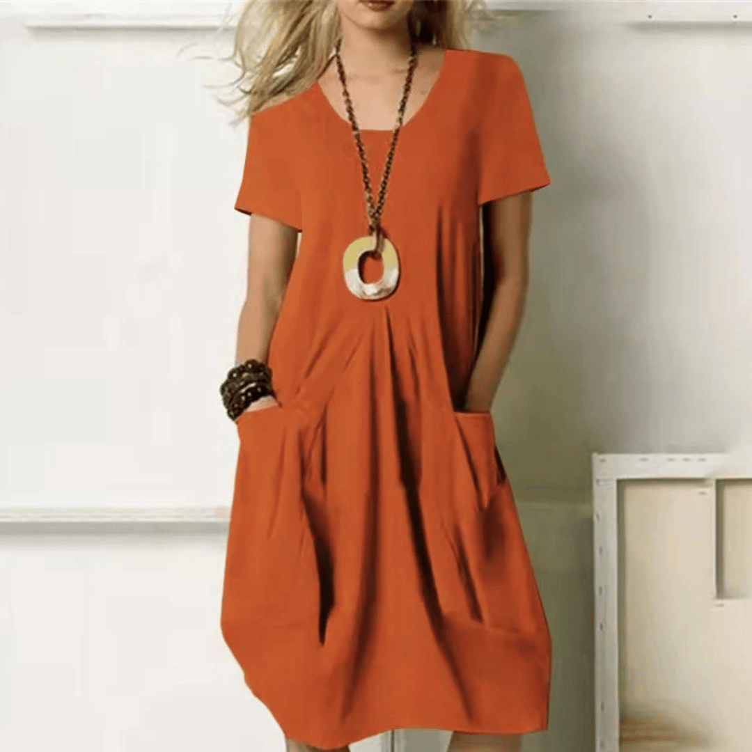 Maryam™ comfort dress, rust orange short-sleeve V-neck with gathered skirt
