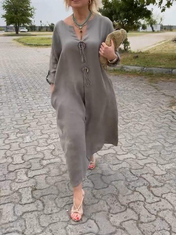 Marie™ elegant gray midi dress with V-neck and loop-front detail
