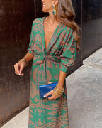 Gaby™ summer dress in green with gold ornament print, V-neck, tied waist, long sleeves