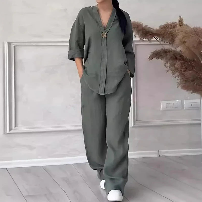 Green linen lounge set with button-front short-sleeve top and wide-leg pants