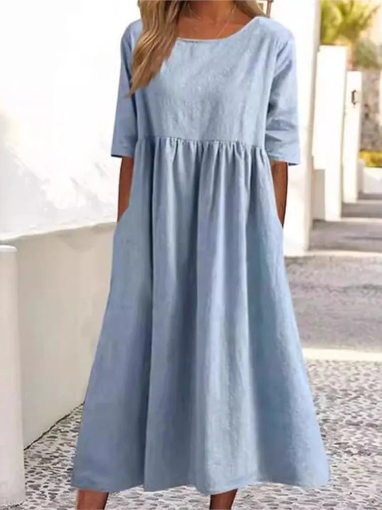 Norah™ summer dress in light blue, short sleeves, round neck, gathered waist, midi length