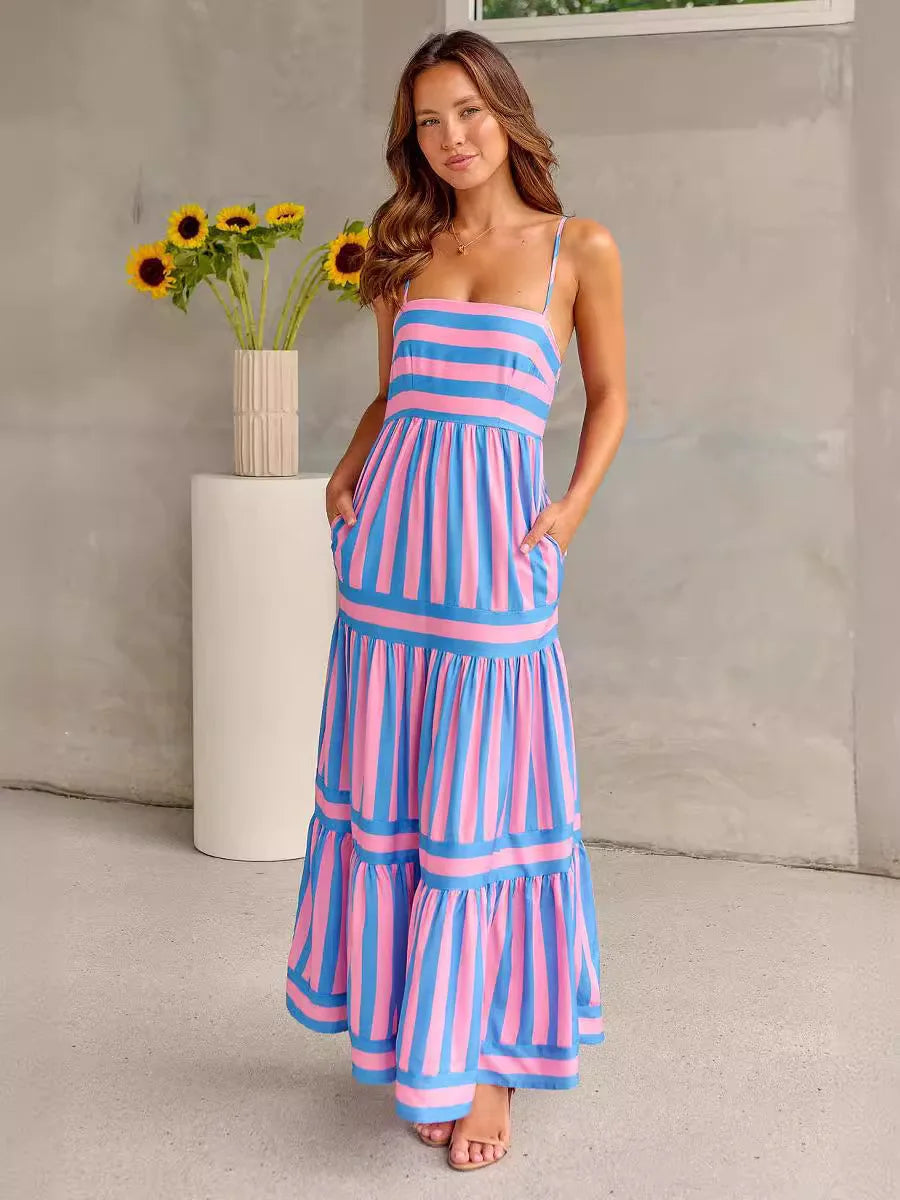 Layla™ blue and pink striped tiered maxi dress with spaghetti straps, sleeveless
