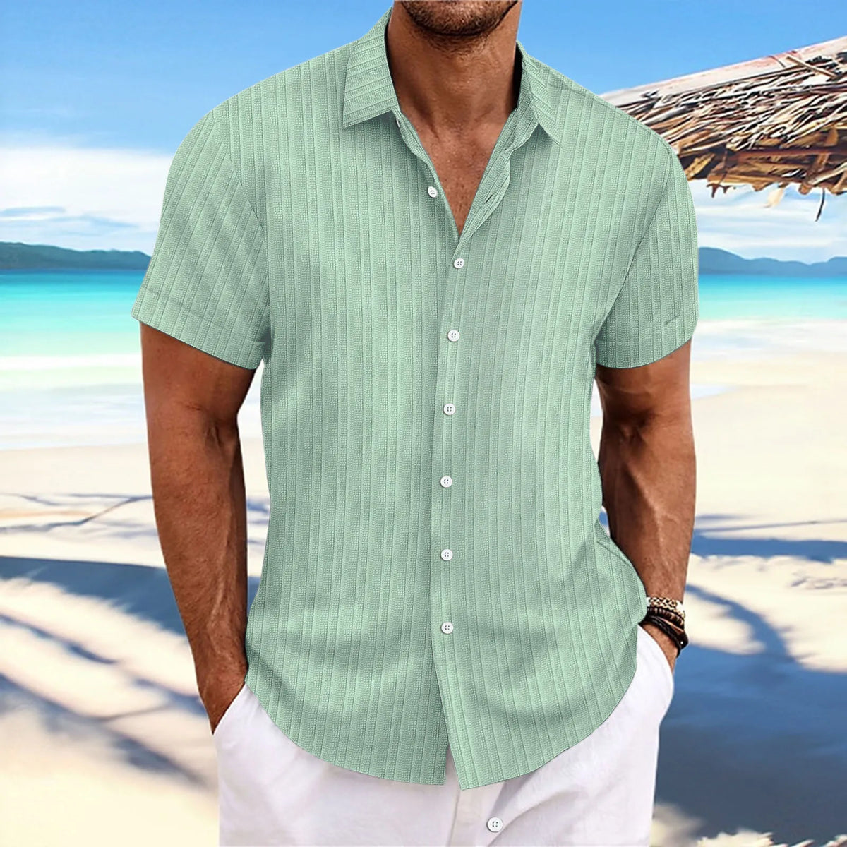 Light green pinstripe short-sleeve button-up casual blouse with spread collar