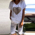 White V-neck T-shirt and shorts set with dark heart and text print