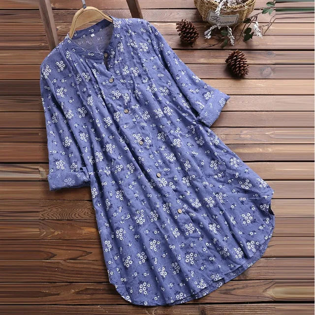 Laura™ elegant dress in blue with white ditsy floral print, long sleeves