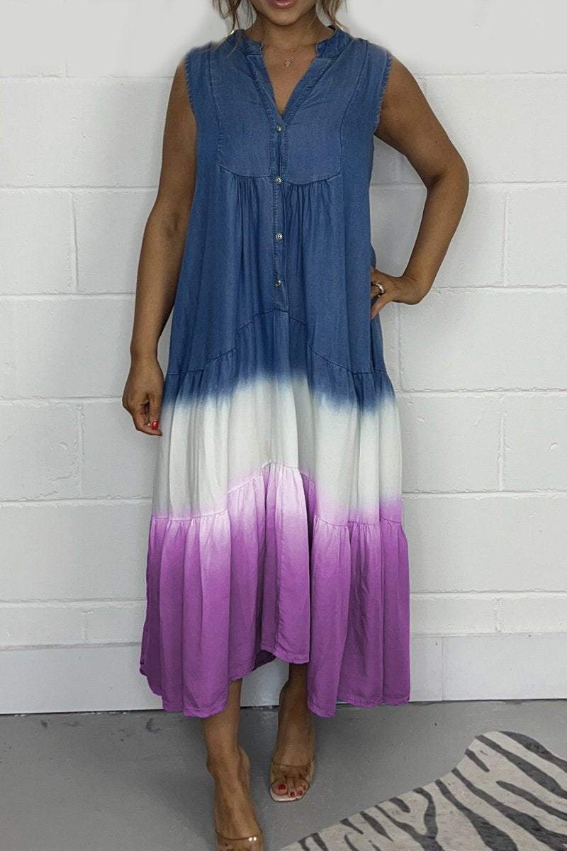 Nina™ summer dress, sleeveless V-neck with button front and blue-white-purple tiered hem