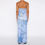 Blue floral maxi summer dress back view with spaghetti straps and column fit
