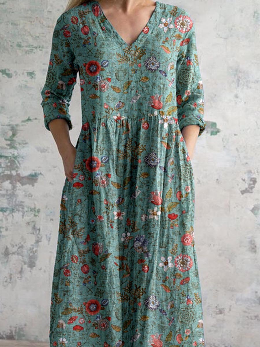 Teal floral maxi dress with V-neckline and button placket, three-quarter sleeves