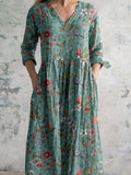 Teal floral maxi dress with V-neckline and button placket, three-quarter sleeves