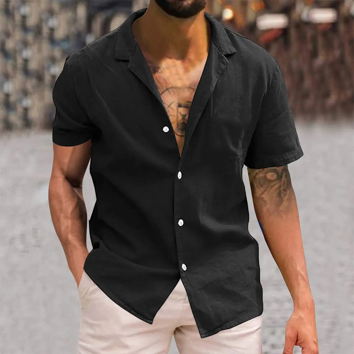 Men's short-sleeve button-up shirt, black camp collar style