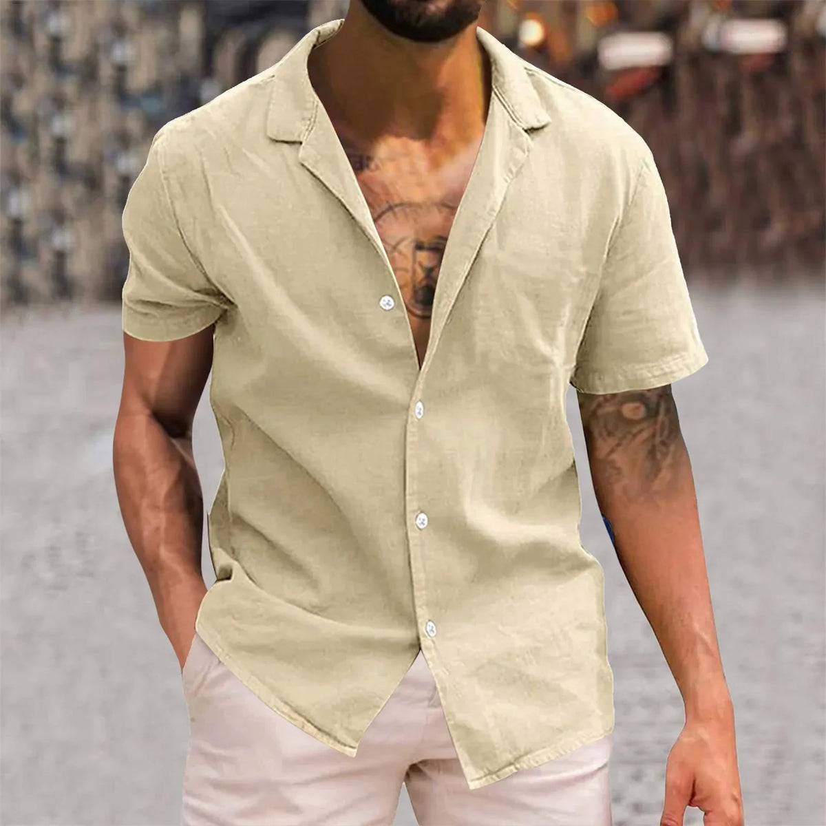 Men's short-sleeve button-up shirt, beige camp collar style