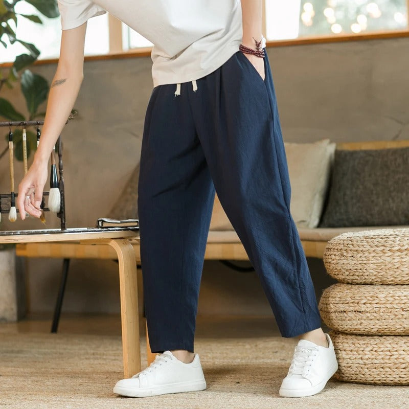 Lorenzo™ summer trousers in navy with drawstring waist and tapered ankle cuffs