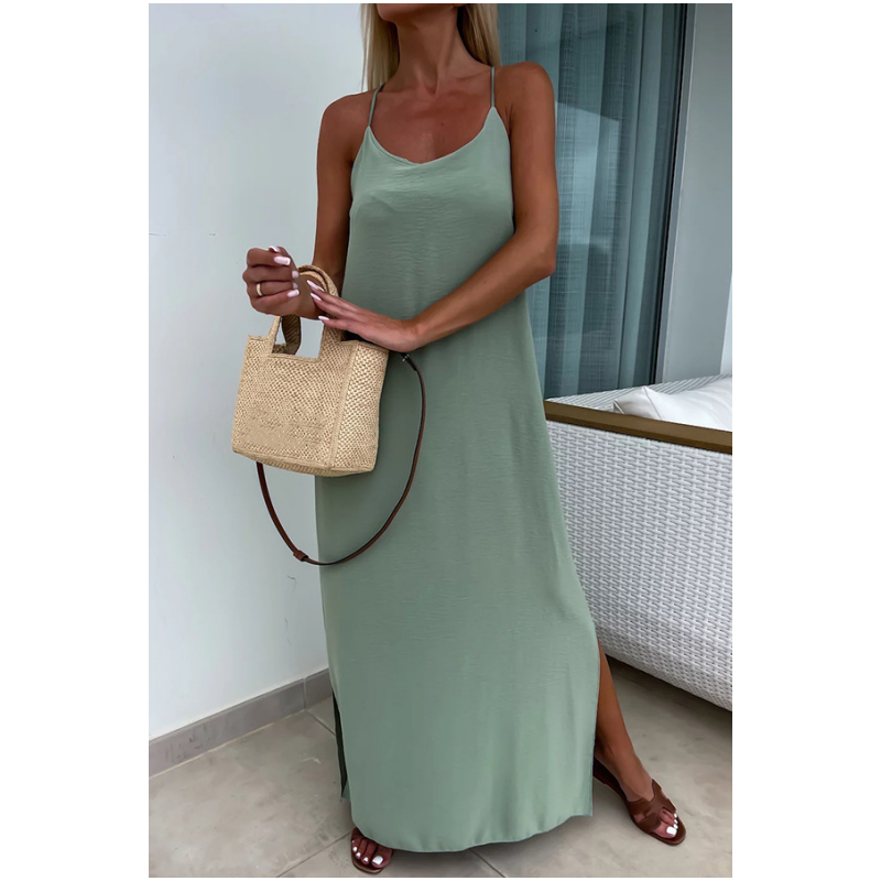 Francesca™ summer dress, sleeveless sage green maxi with spaghetti straps and side slit