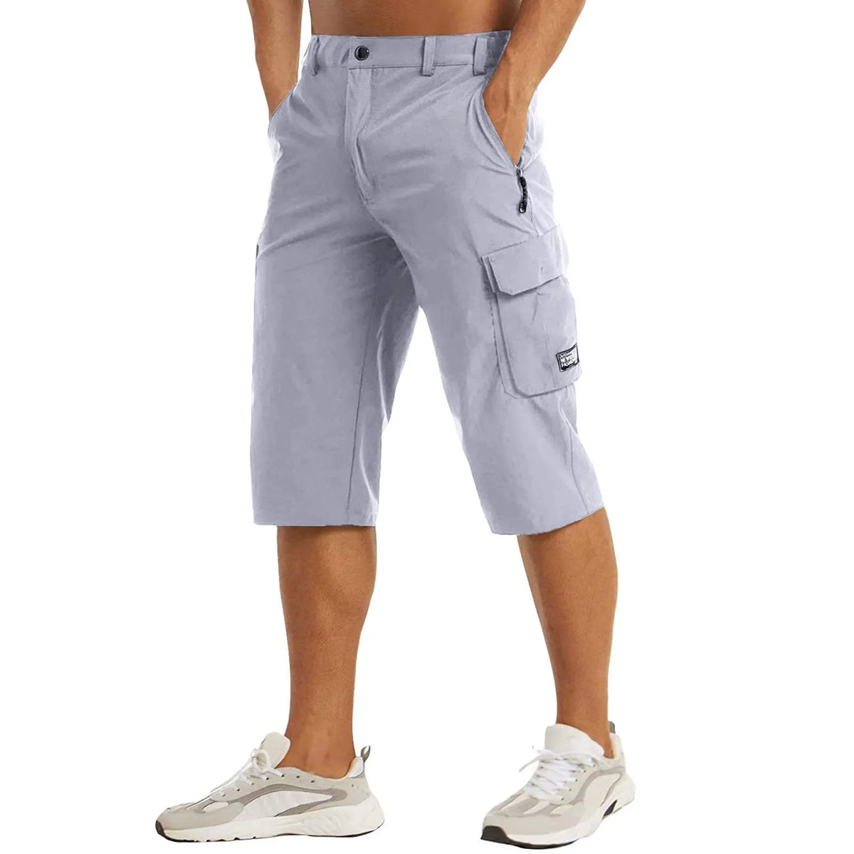 Light gray cargo shorts with knee-length fit and side cargo pockets