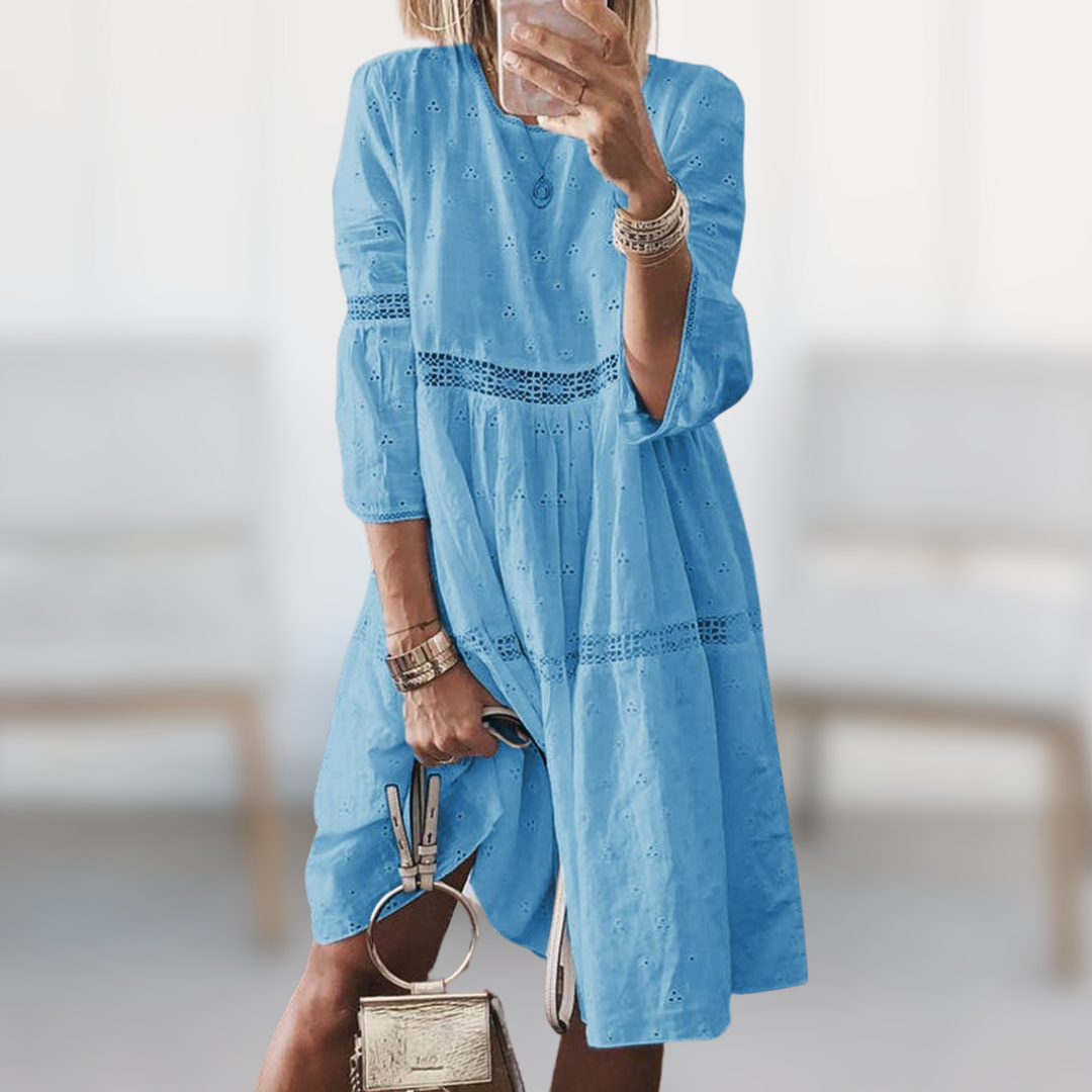 Anneke™ elegant blue midi dress with three-quarter sleeves and lace-trim tiers