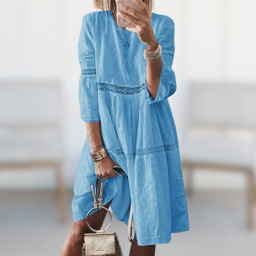 Anneke™ elegant blue midi dress with three-quarter sleeves and lace-trim tiers