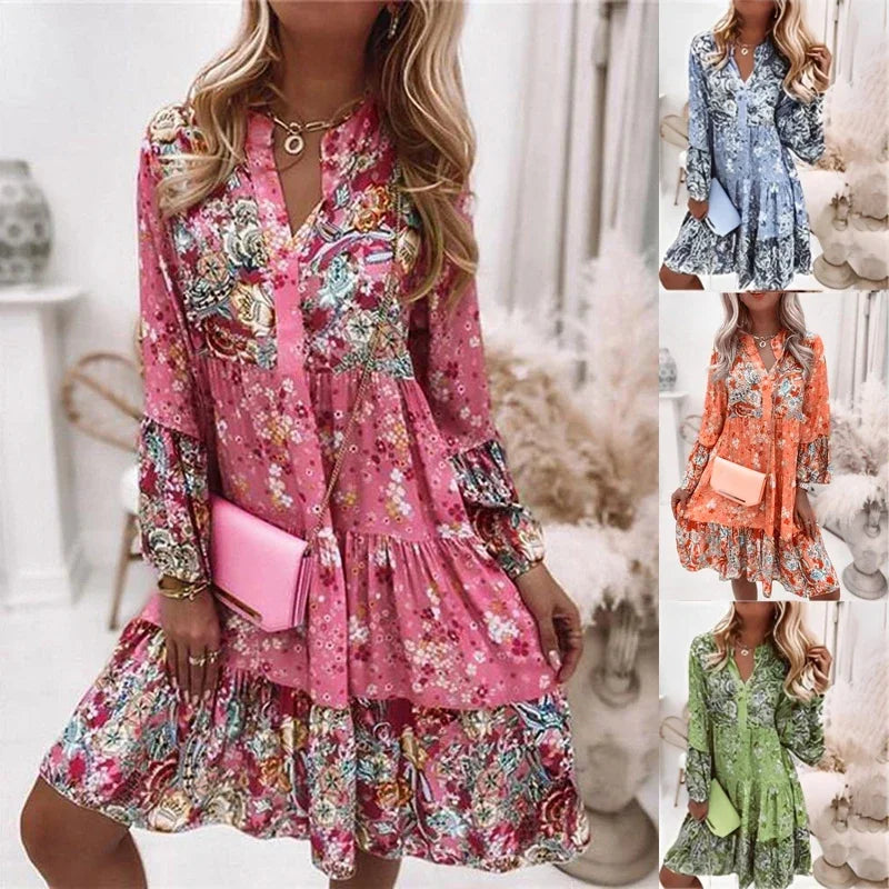 Printed long-sleeve tiered dress shown in multiple colors