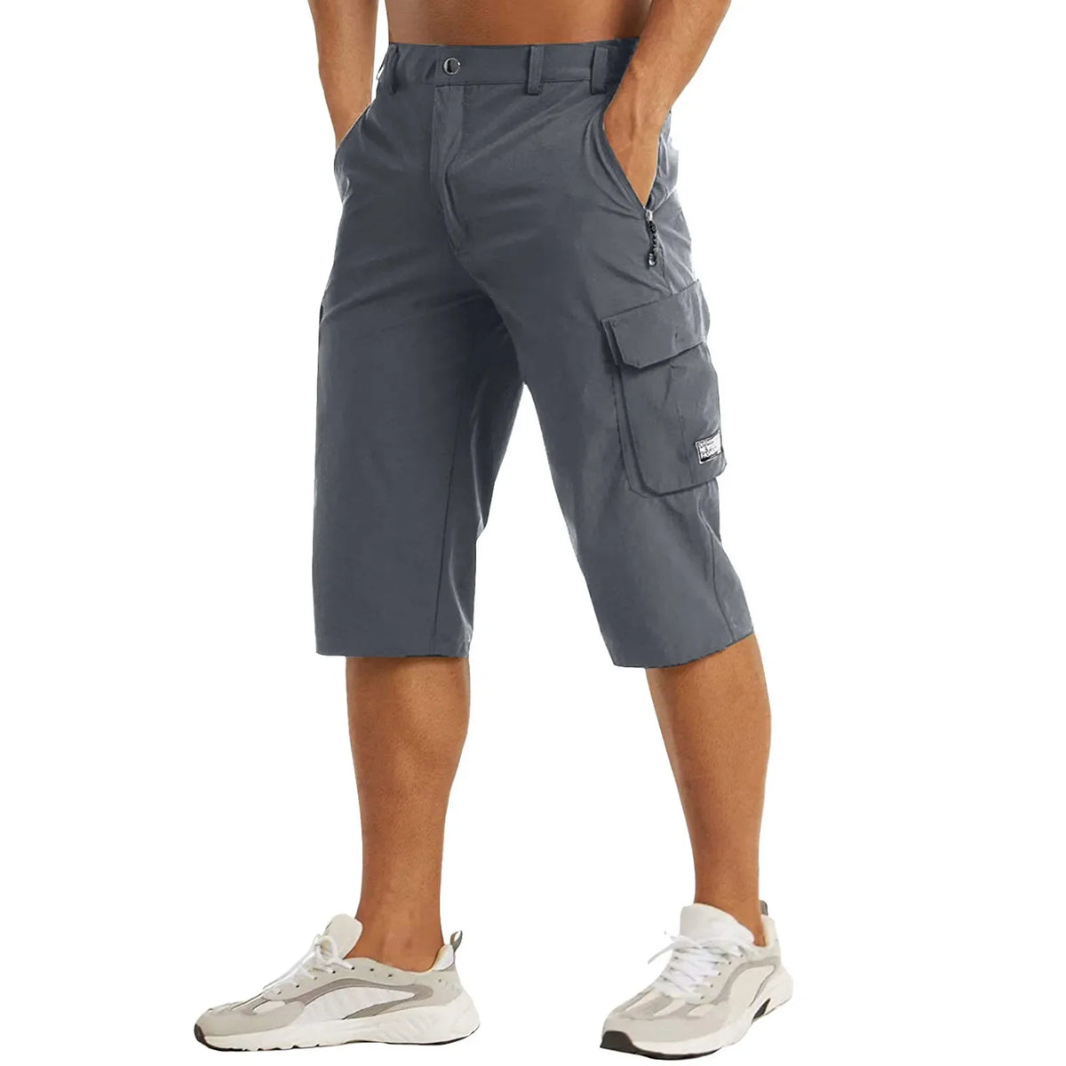 Dark gray cargo shorts with knee-length cut and side cargo pockets