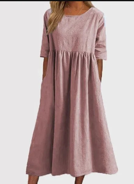 Norah™ summer dress in pink, short sleeves, round neck, gathered waist, midi length