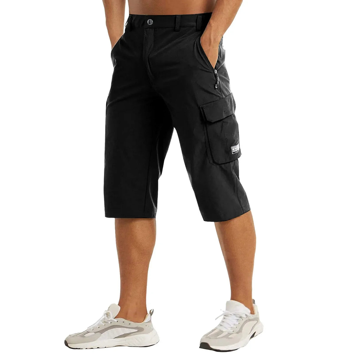 Black cargo shorts with knee-length cut and side cargo pockets