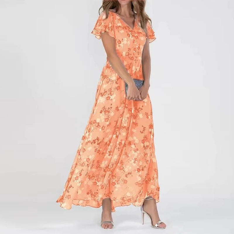 Orange floral summer dress with short flutter sleeves and V-neck, gathered tiered skirt