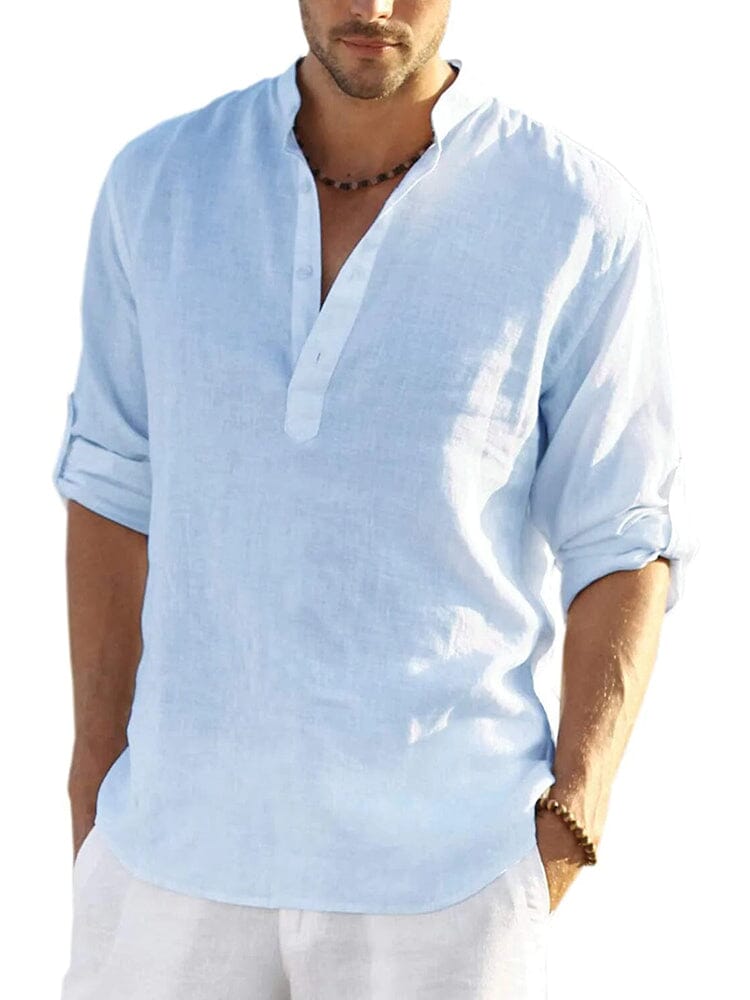 Men's V-neck linen shirt, light blue, 3/4 sleeves with partial button placket
