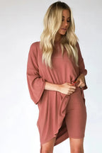 Women’s mauve weekend set with long-sleeve tunic and matching biker shorts.