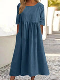 Norah™ summer dress in blue, short sleeves, round neck, gathered waist, midi length
