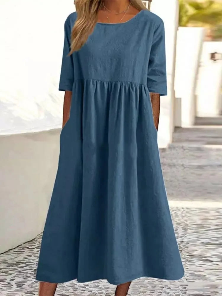 Norah™ summer dress in blue, short sleeves, round neck, gathered waist, midi length