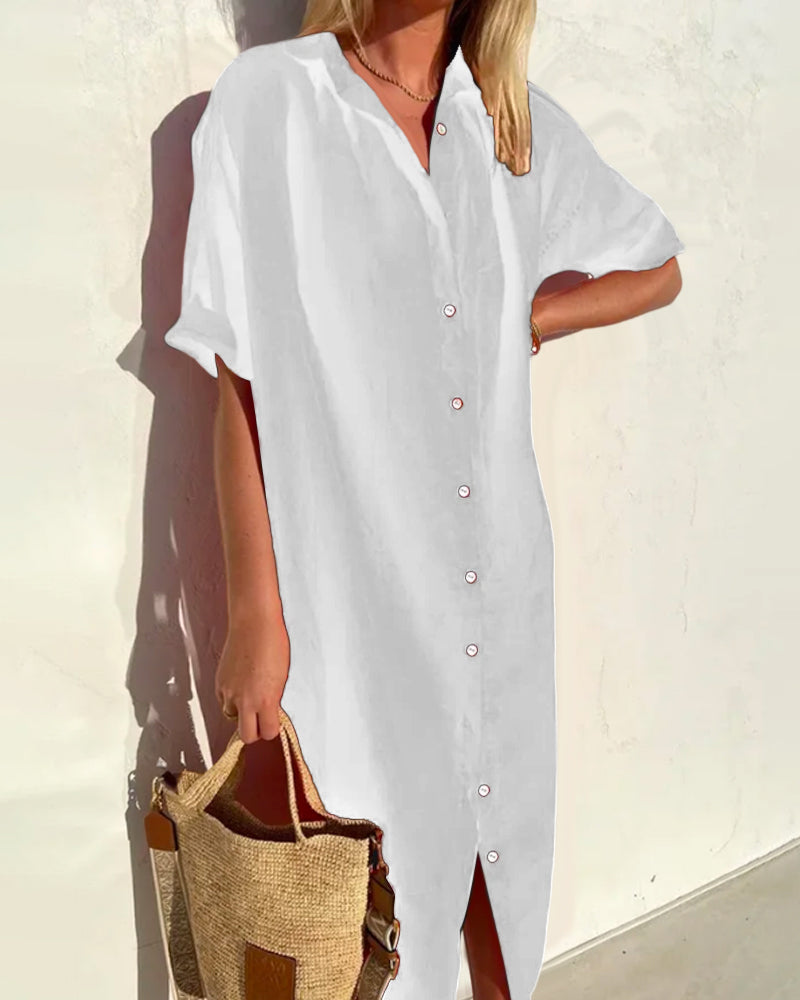 Dinie™ cotton shirt dress, white button-front with short sleeves and V-neck.