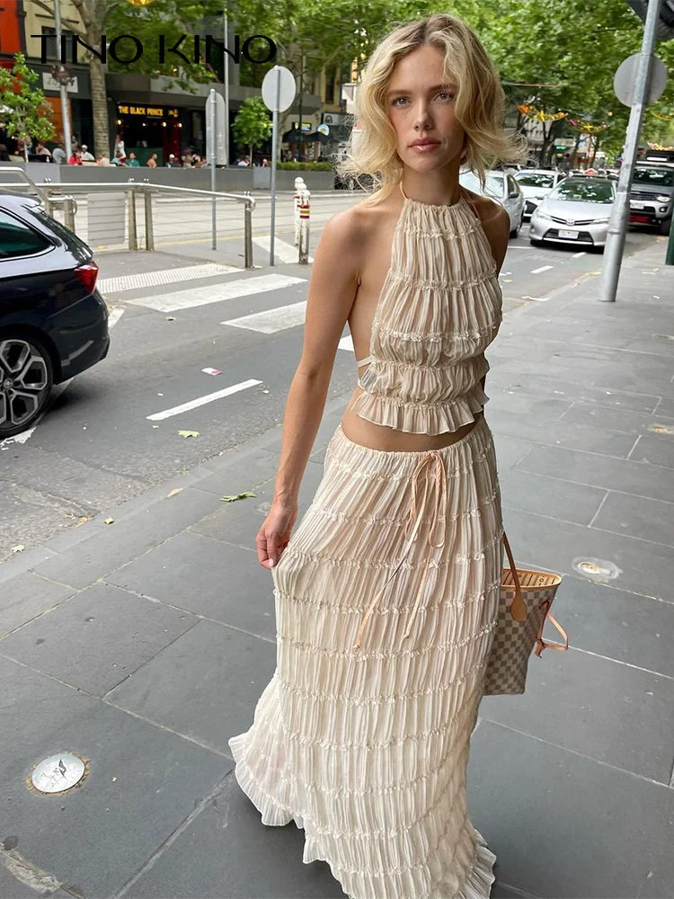 White halter ruffled crop top and long tiered skirt set for women