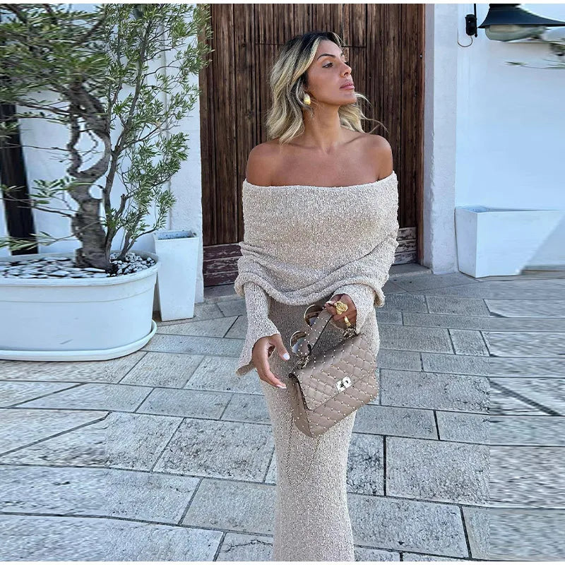 Beige off-shoulder beach dress with long sleeves and side knot detail