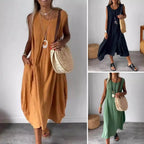 Sleeveless midi dress shown in camel-brown, black, and green with scoop neck
