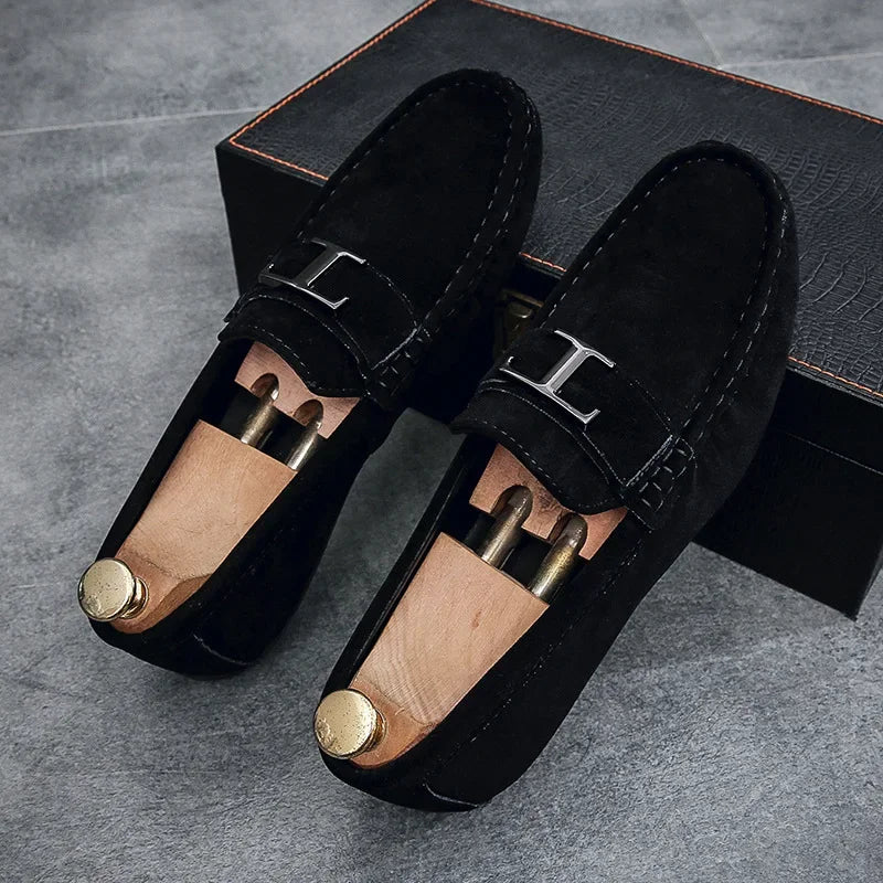 Black suede slip-on instapper loafers with H buckle strap