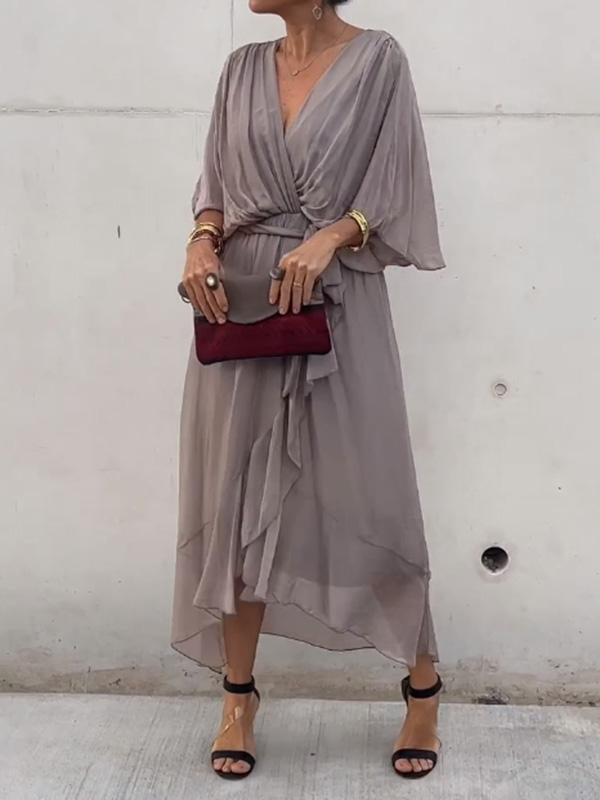 Taupe V-neck wrap summer dress with belt tie and three-quarter draped sleeves.