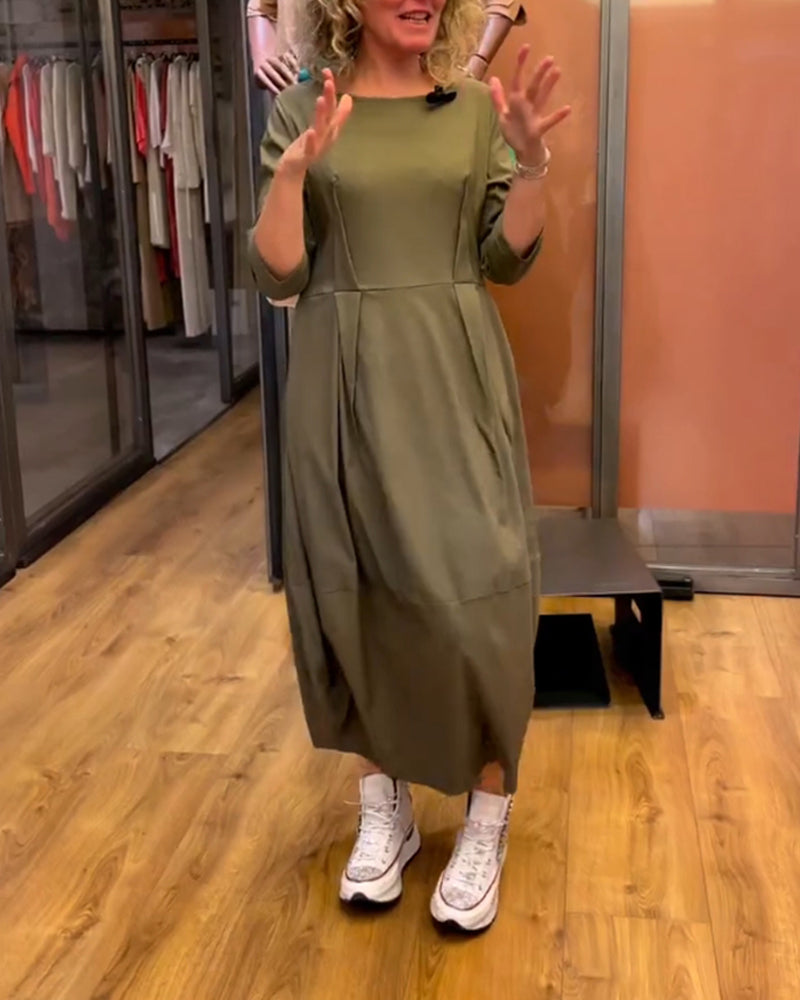Laura™ modern dress in olive green, three-quarter sleeves, midi length, scoop neckline