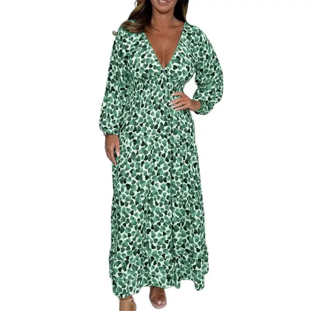 Green and white leopard print long-sleeve V-neck maxi dress with gathered waist
