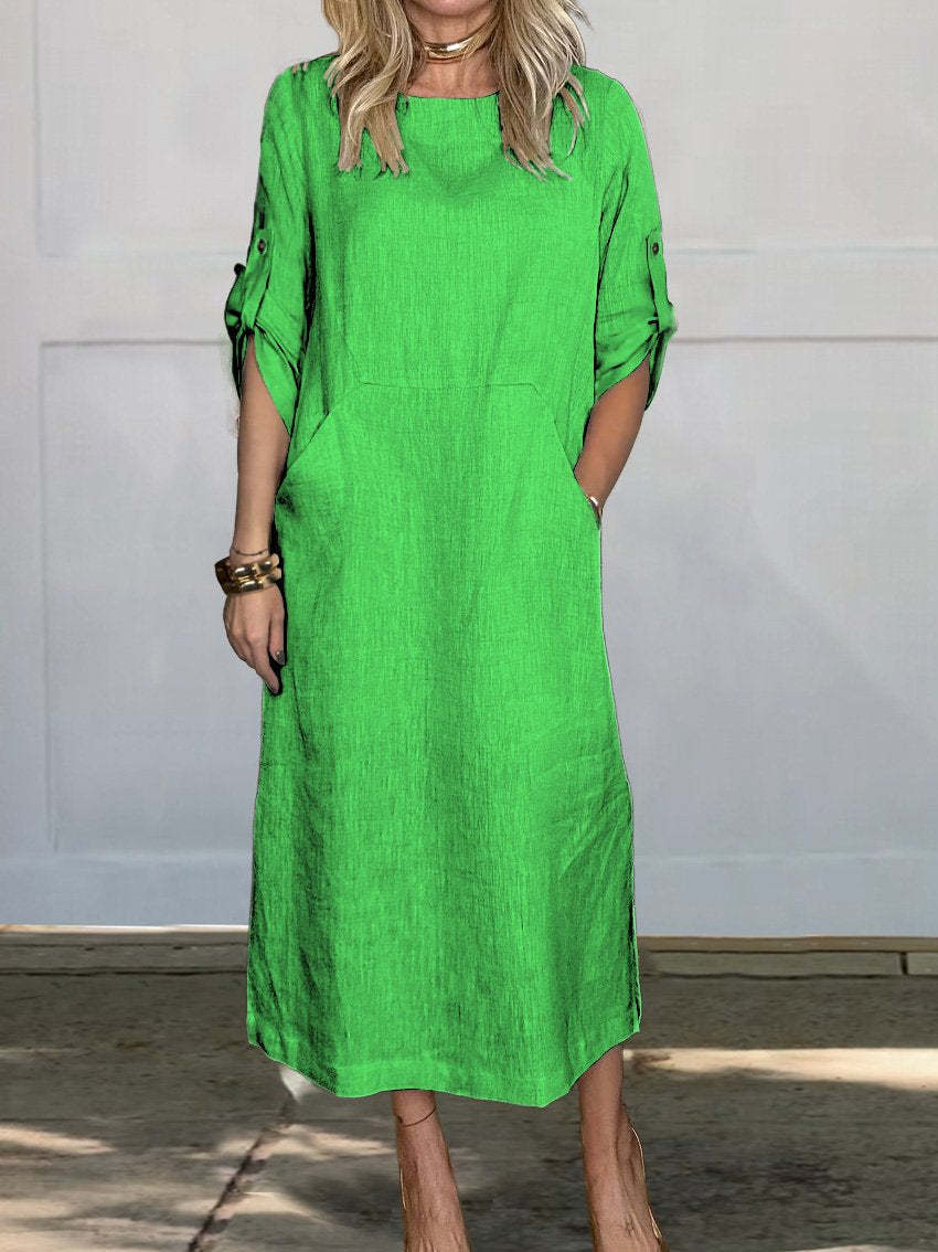 Merel™ summer dress in bright green, relaxed midi length with short sleeves and crew neckline