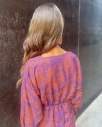 Gaby™ summer dress in purple with gold ornament print, open back, long sleeves