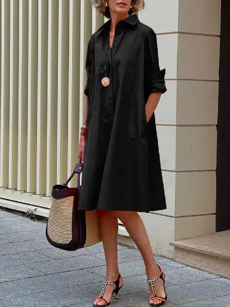 Black button-front stylish dress with collar and long sleeves, knee length