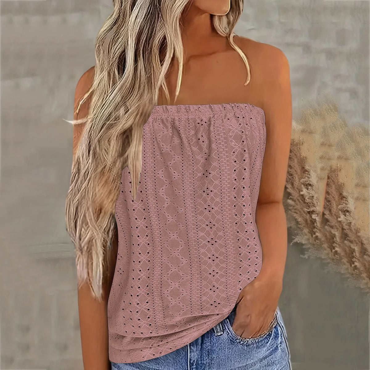 Strapless eyelet summer top in mauve pink with lace perforation and trim